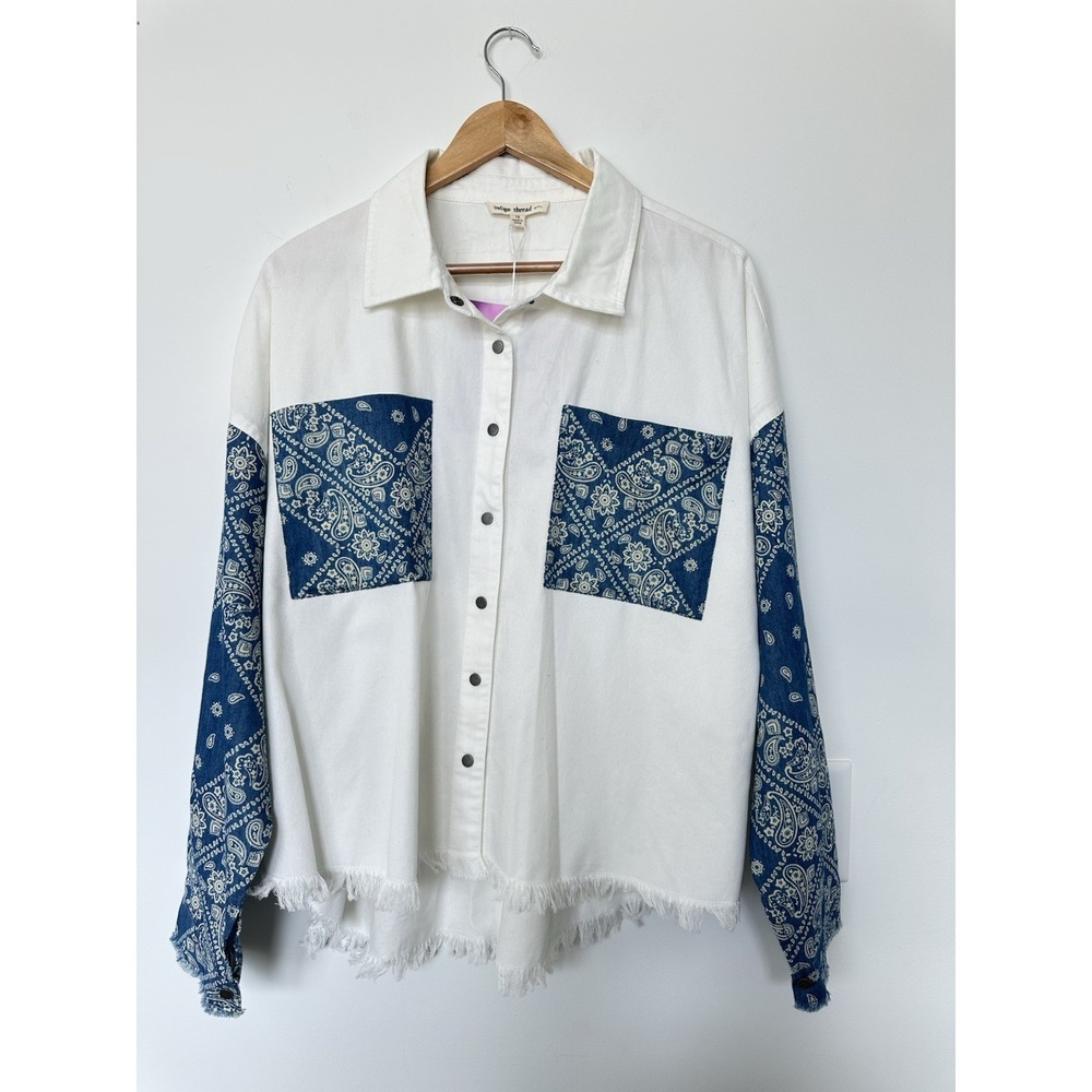 Indigo Thread Co Womens 1X White Cotton Printed Fringe Snap Jean Shirt